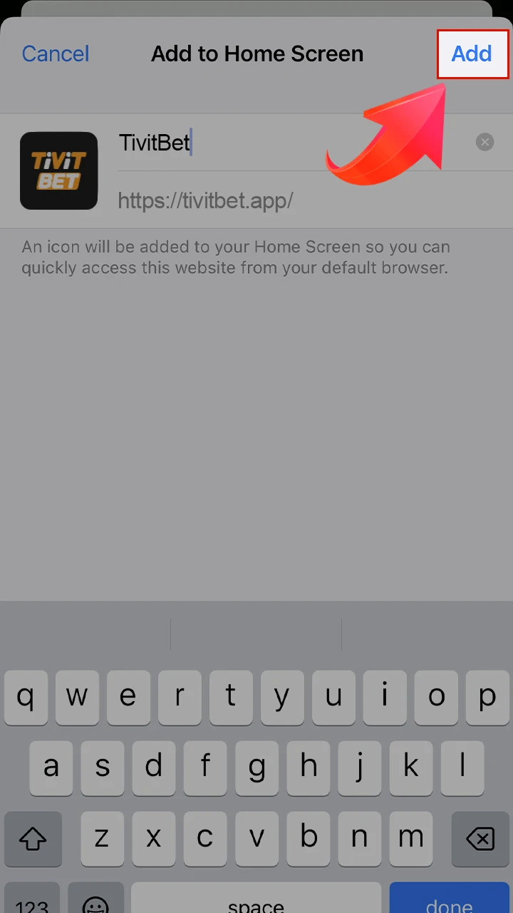 Enter the shortcut name and confirm adding the Tivitbet app to your home screen.