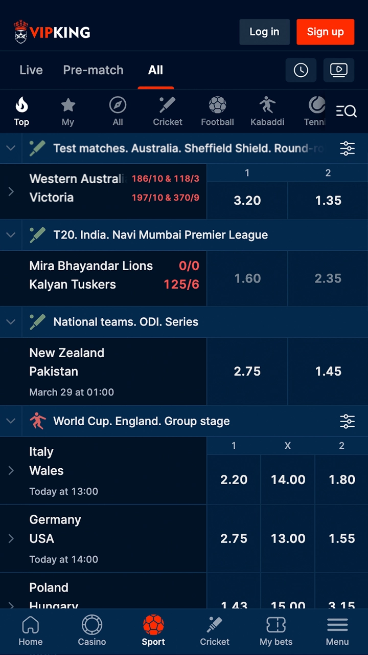 Bet on favourites in the VipKing sports section.