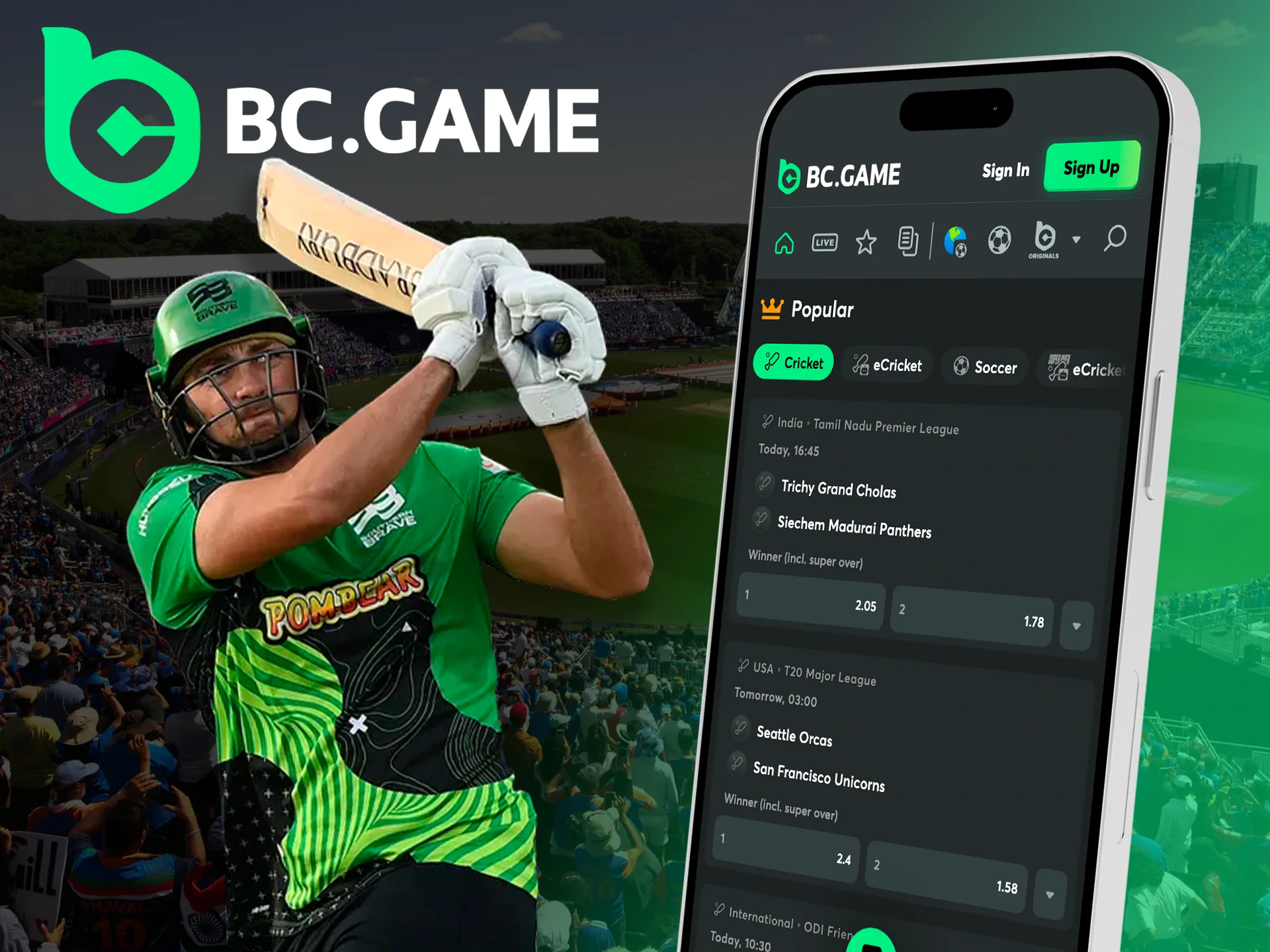 Place bets on your favorite cricket teams in the BC Game app.