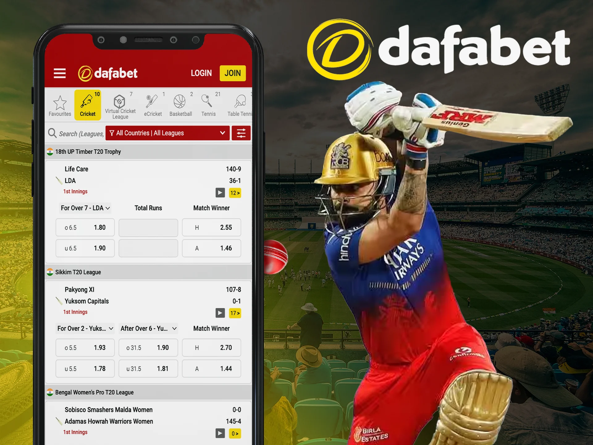 Dafabet is waiting for your cricket bets with good odds in the app.