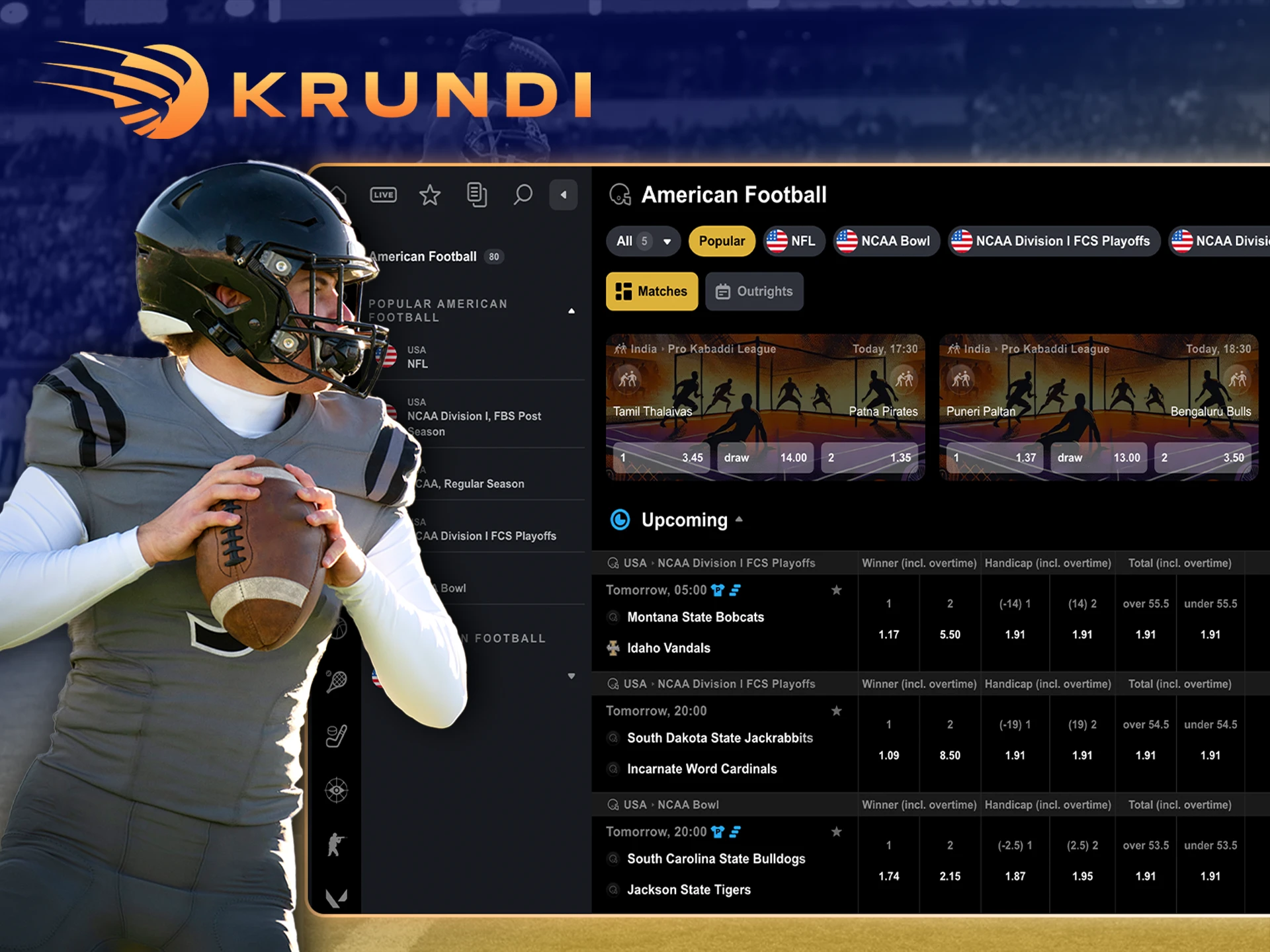 Place a bet with great odds on aerican football at Krundi.