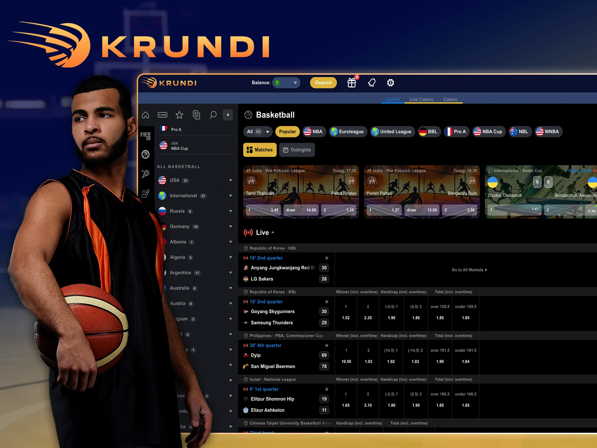 Bet on a win or a certain score on basketball at Krundi.