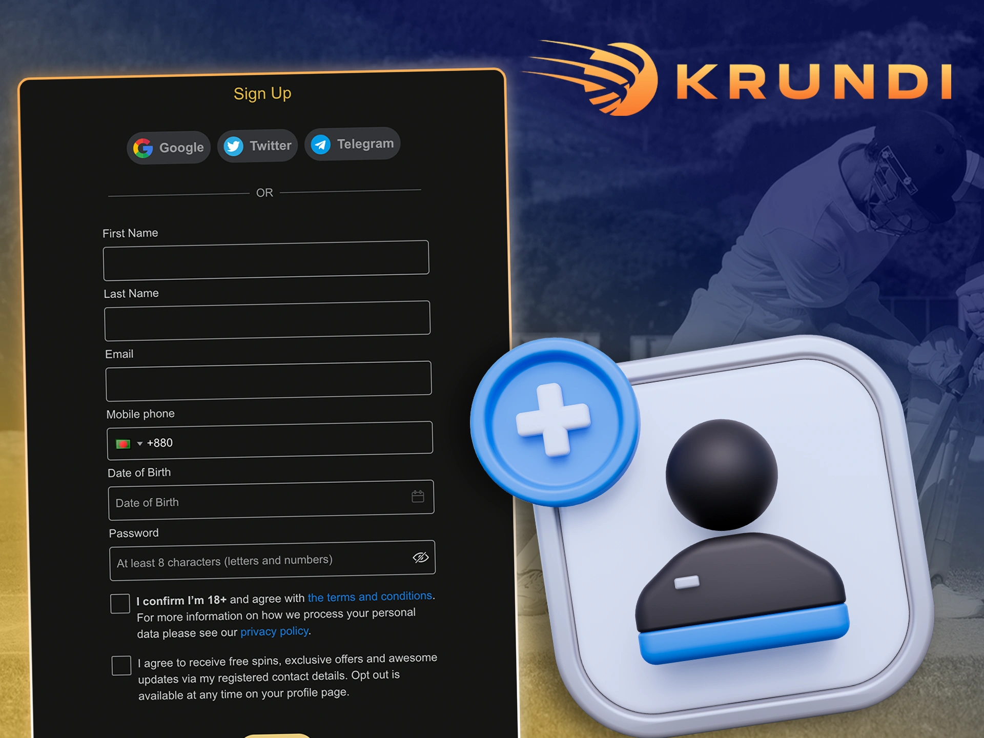 Create a personal account in Krundi to start the game.