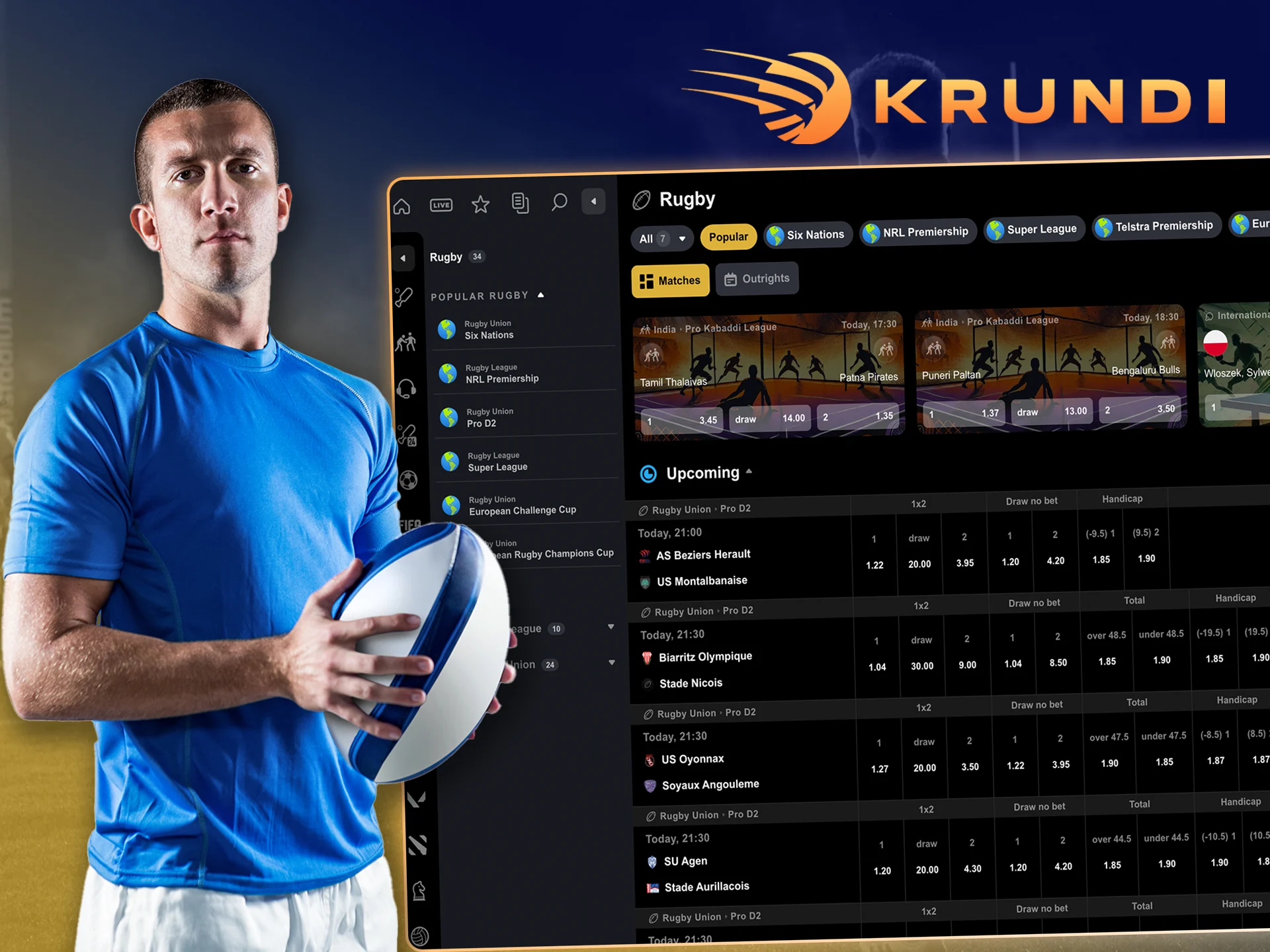 Test your rugby betting predictions and you'll win at Krundi.