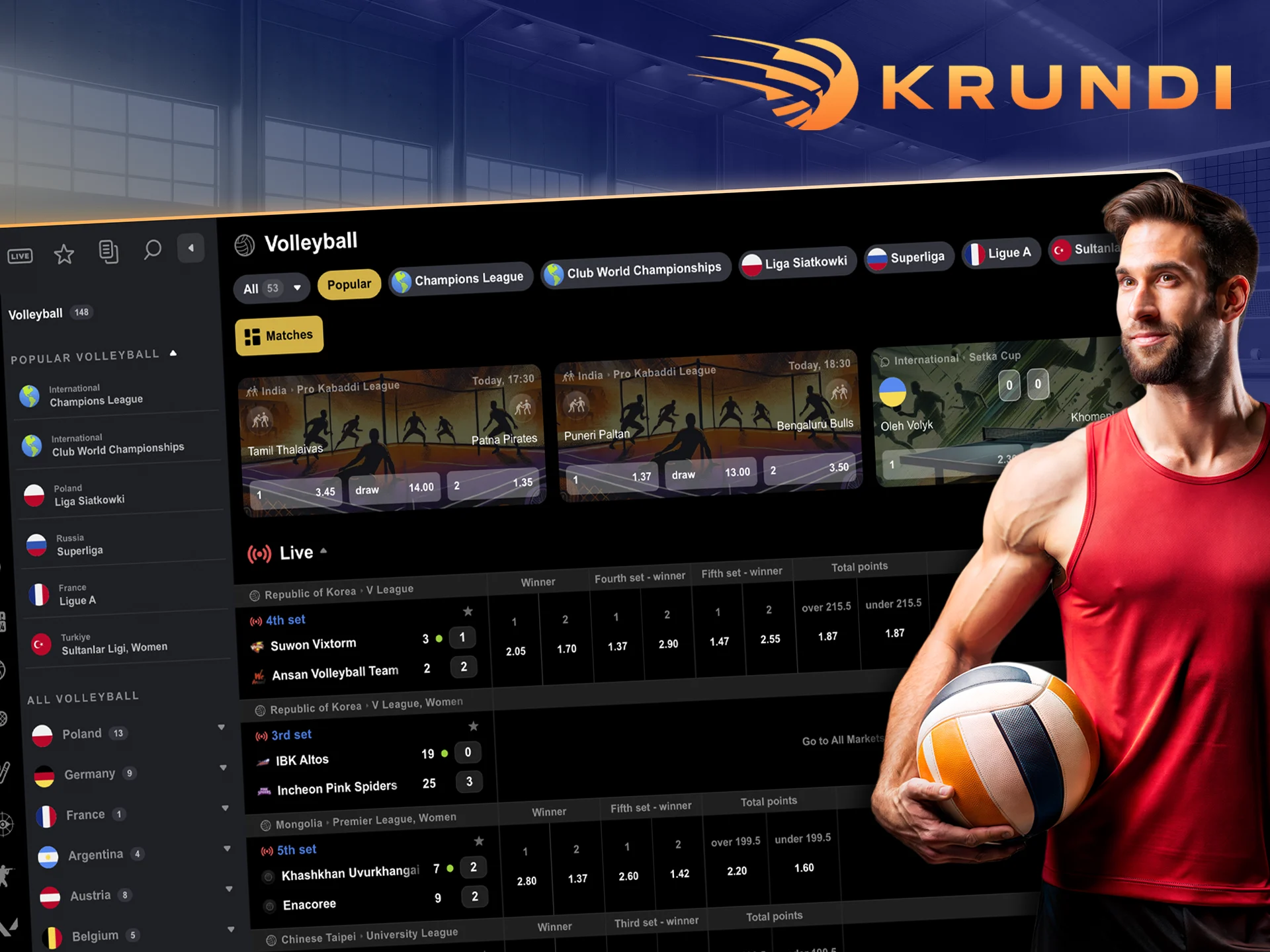 Analyse the team statistics and make the right volleyball bet at Krundi.