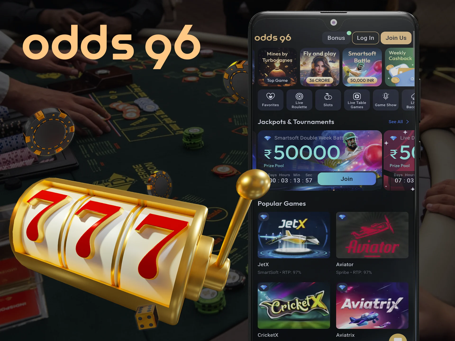 Find your favourite casino games on the Odds96 app.