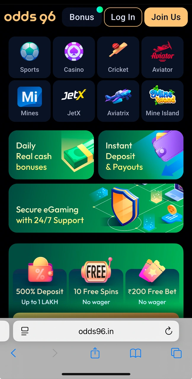 Go to the official Odds96 website using your browser.