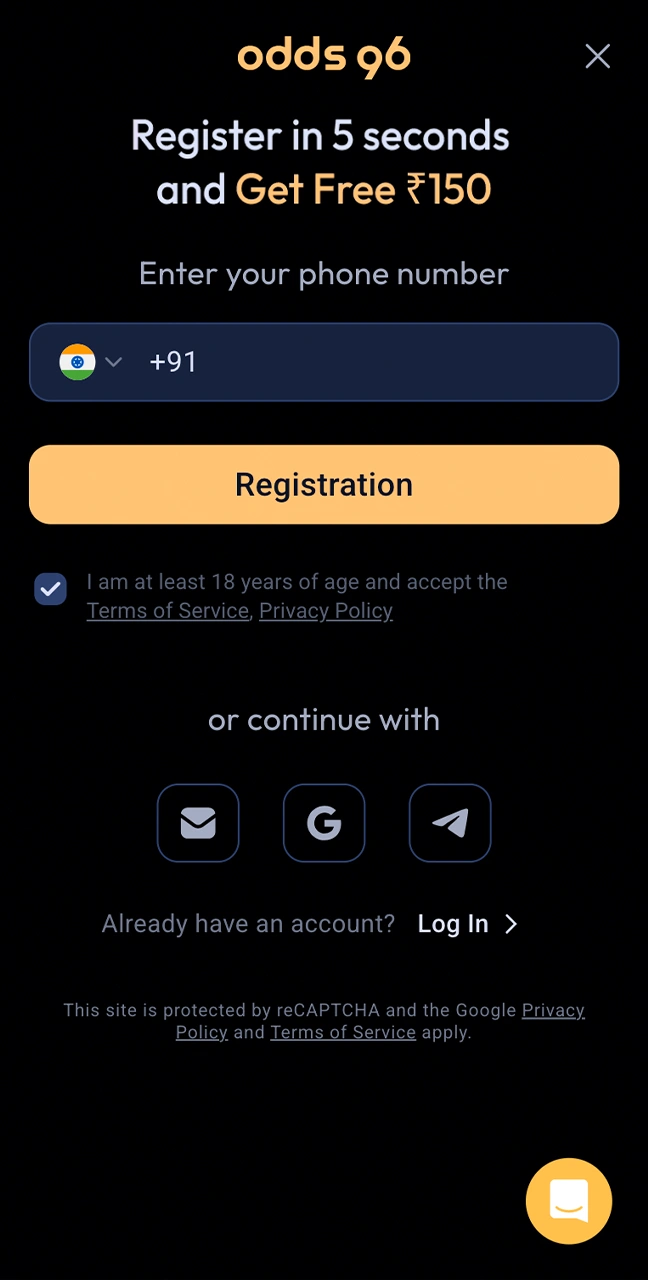 Create a personalised account to start betting at Odds96.