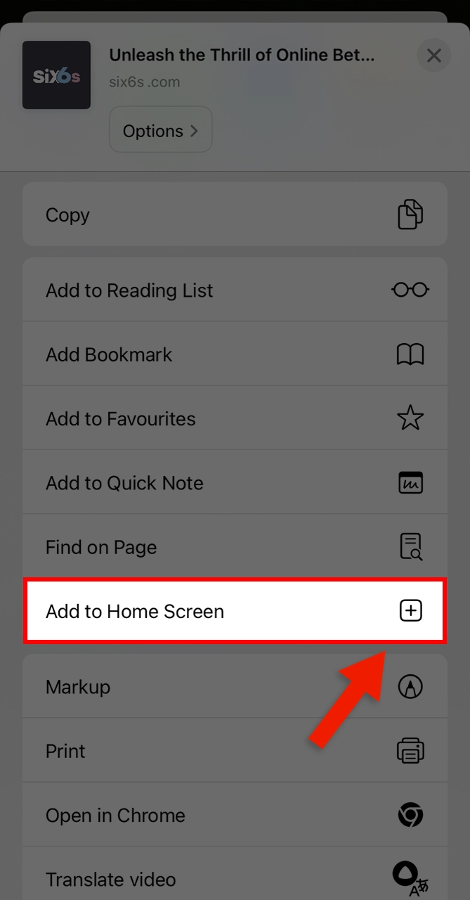 Select add to home screen on the Six6s website.