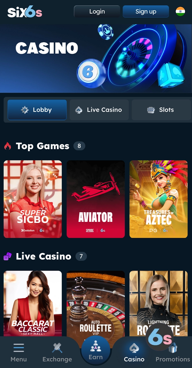 Make your choice in the casino section of the Six6s app.