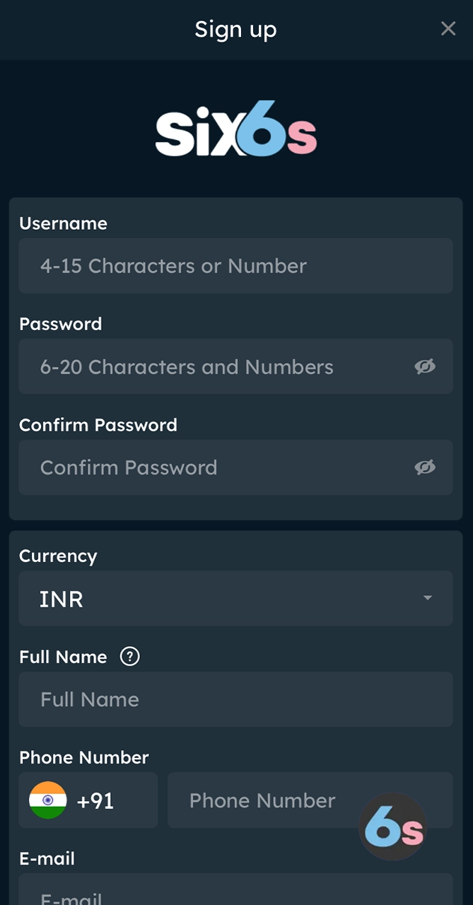 Proceed to register an account to start betting at Six6s.