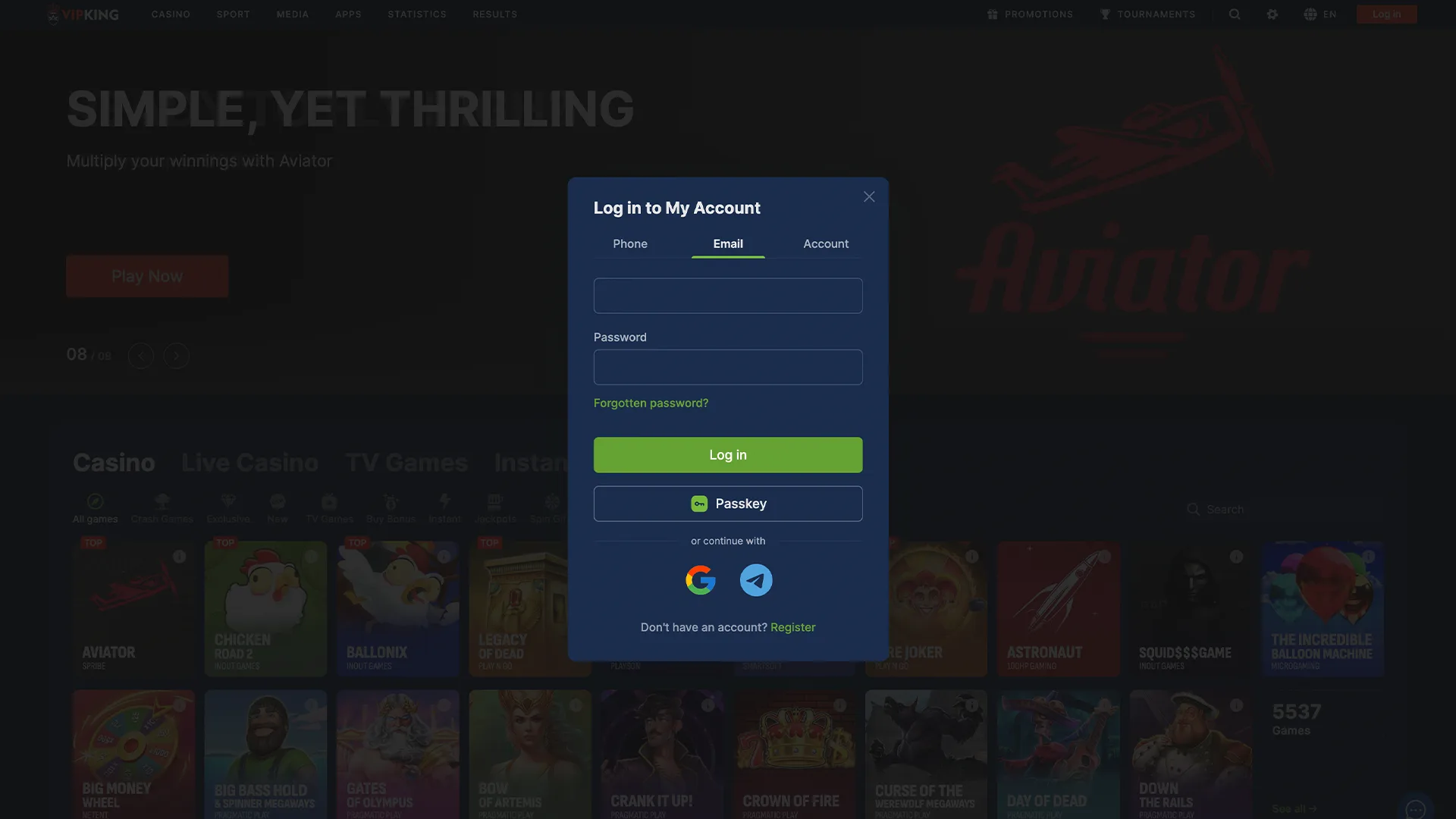 Complete instant registration and start playing at VipKing.