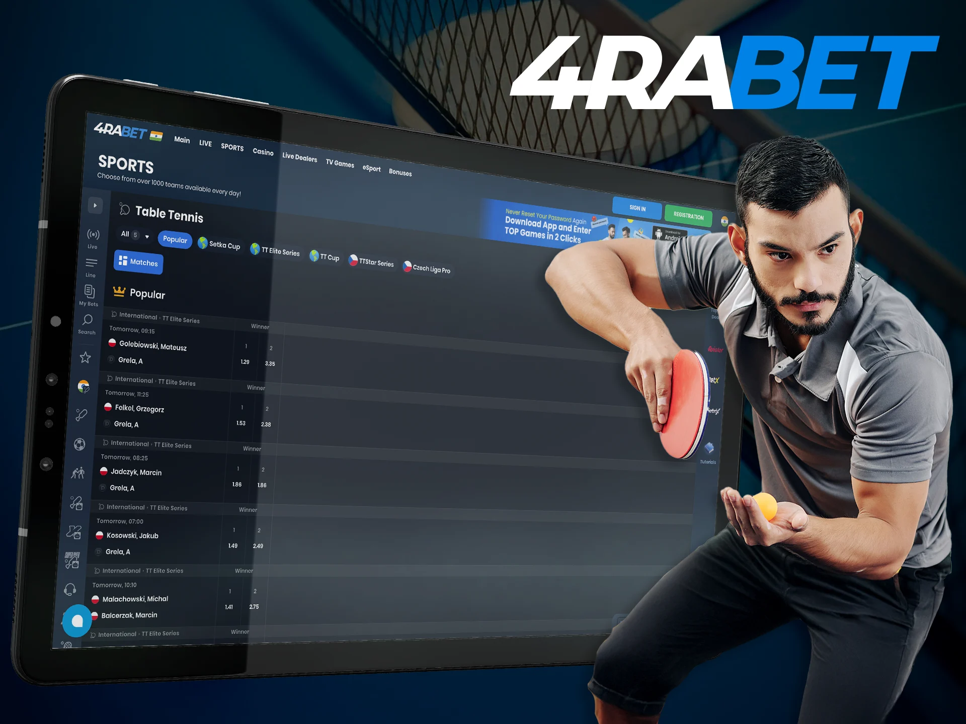 Try your luck at table tennis betting with 4RaBet.