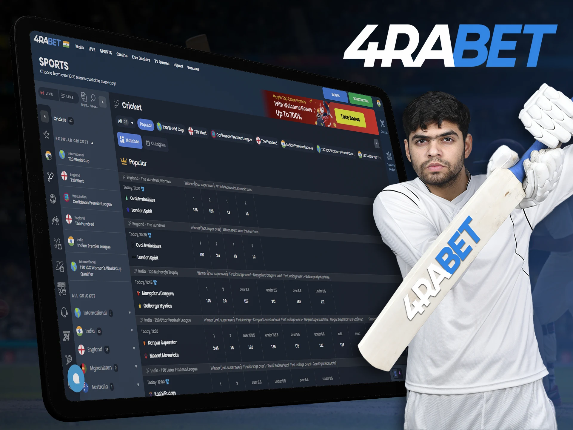 Bet on cricket with 4RaBet and get great odds to win.