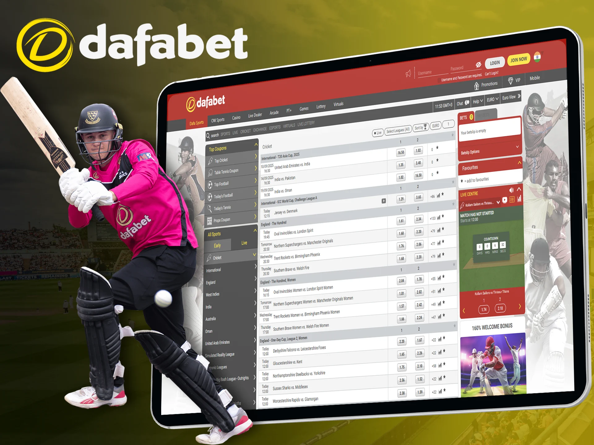 Dafabet has a wide range of types of cricket betting.