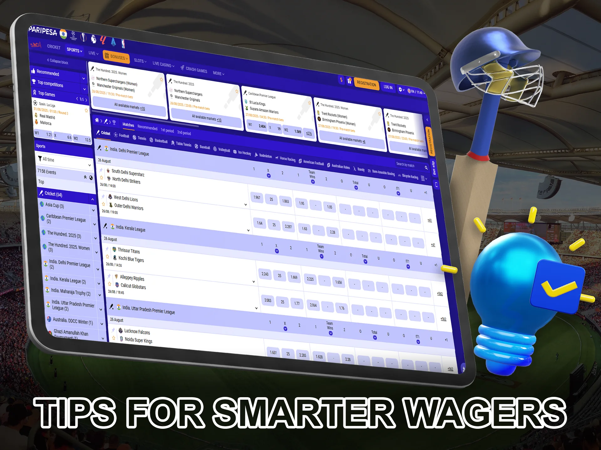 Get tips on betting on cricket events.