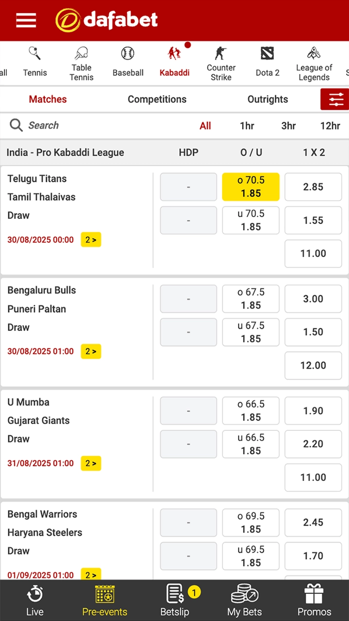 Go to the kabaddi section and start placing your bets.