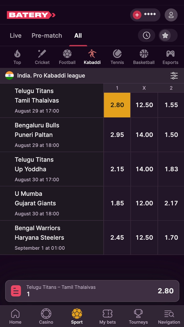 Open the Kabaddi section and place your first bet.