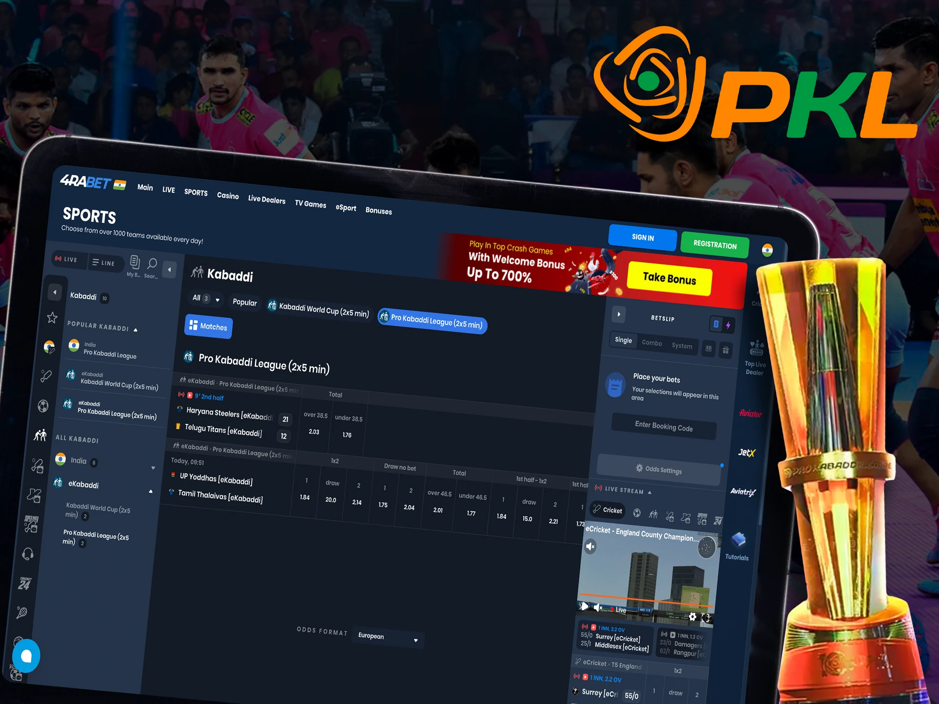 Bet on your favorite Kabaddi team in the PKL tournament.