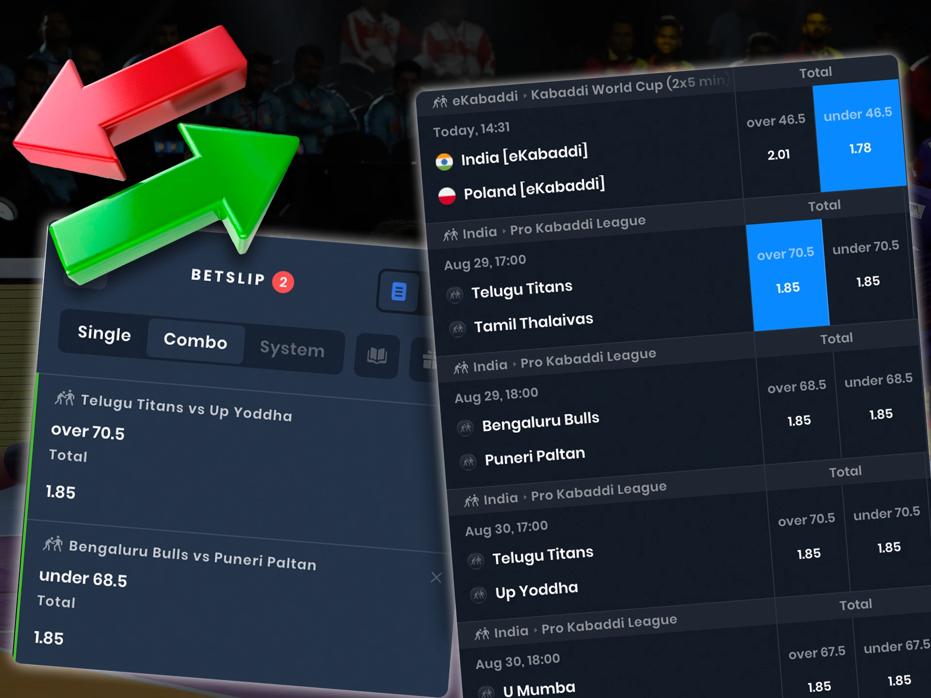 Place a bet on the over or under score in Kabaddi.