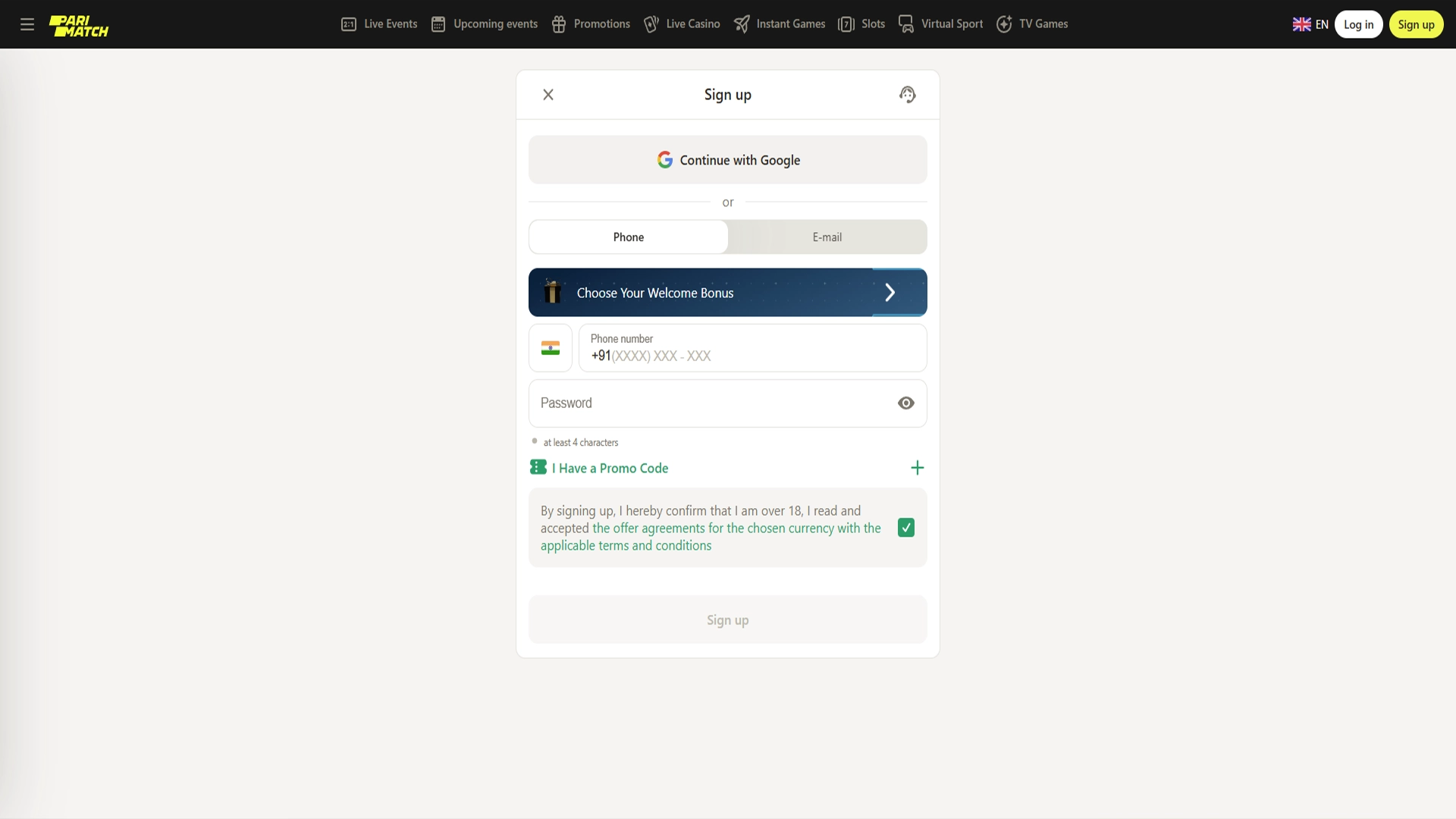 To place a bet at the casino, you need to register or log in.