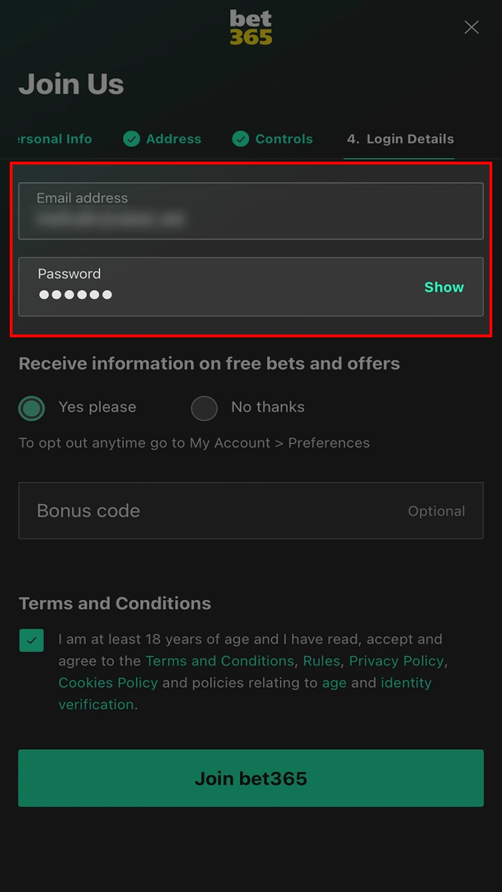 Create a strong Bet365 login and password and remember it.