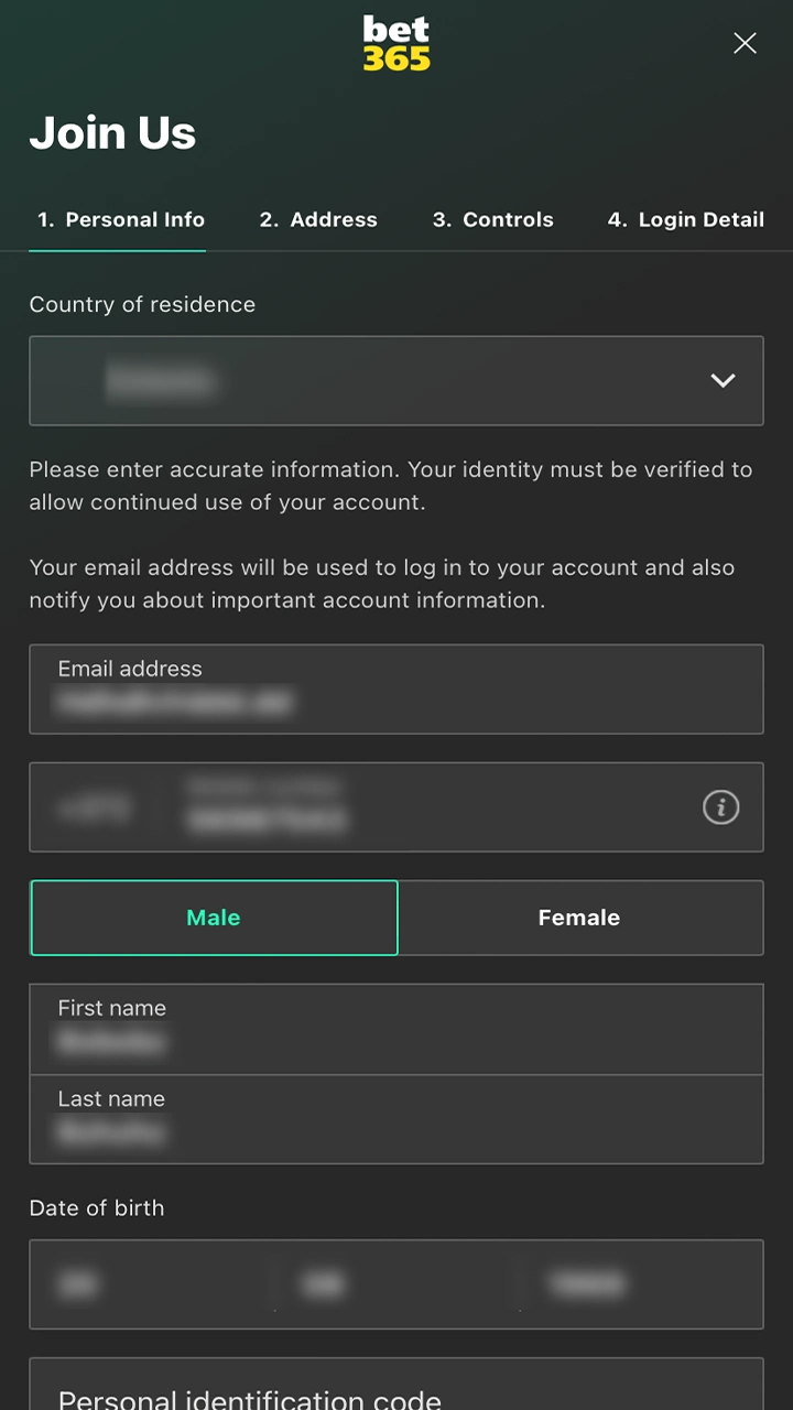 Fill in the required information to register with Bet365.