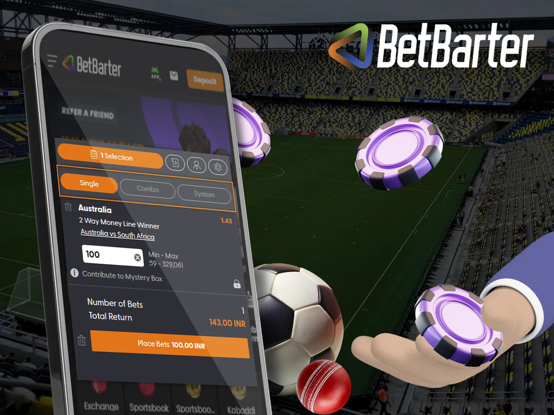 Bet on sports by changing the bet type for wins in BetBarter.