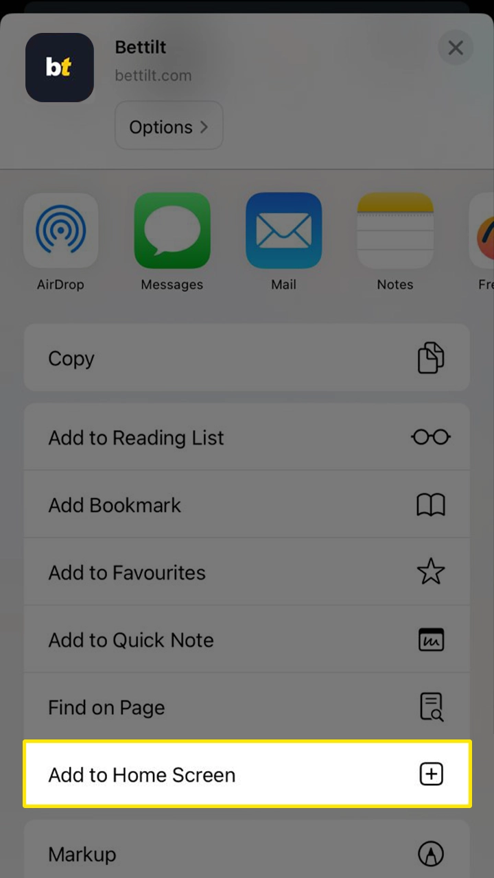 Select Add to Bettilt Home Screen from the menu.