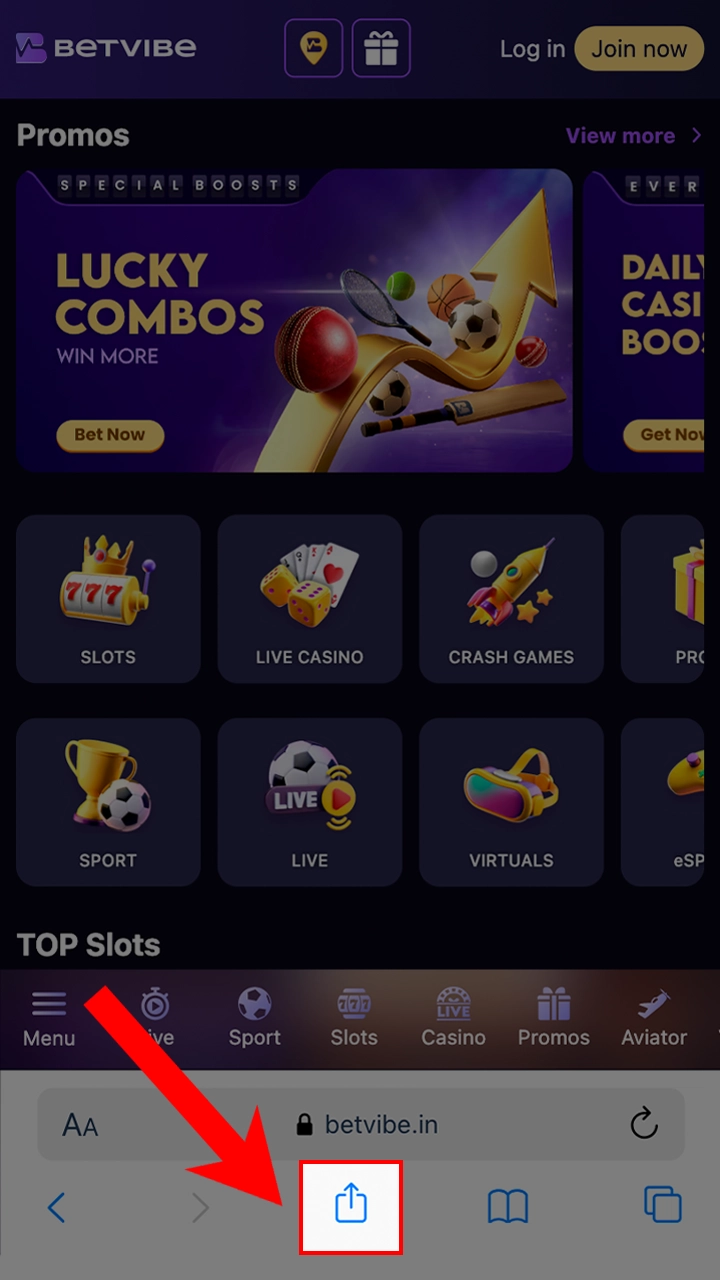 Share the BetVibe website at the bottom of the screen.