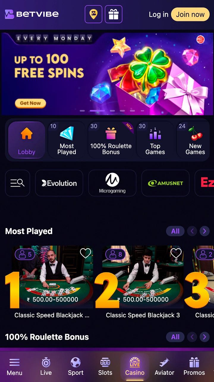 Find a winning game for yourself in the BetVibe casino section.