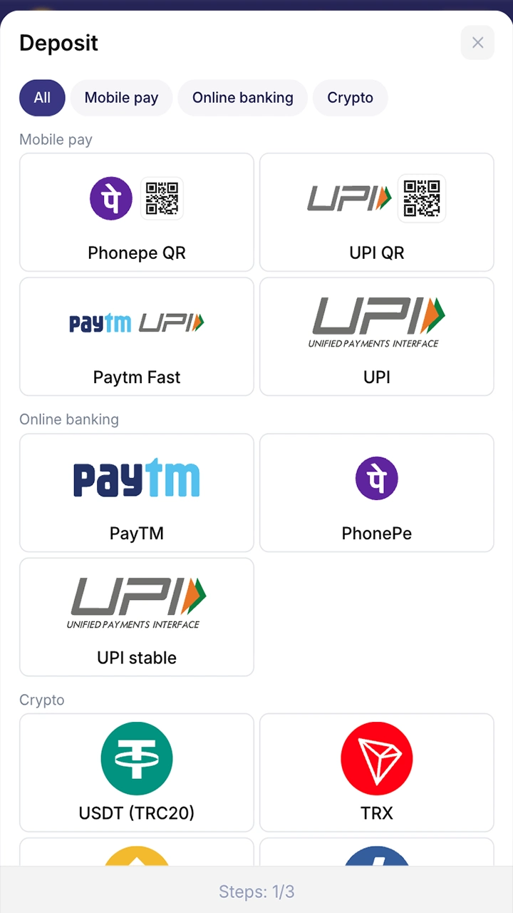 Choose a suitable deposit method for your Bilbet account.