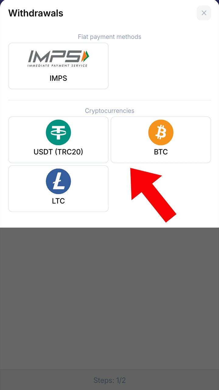 Select a method for withdrawing funds from your Bilbet account.