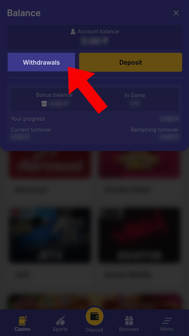 Open the withdrawal section in Bilbet.