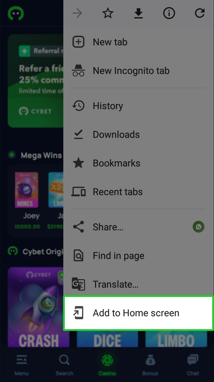 On the Cybet website, select add to home screen from the menu.