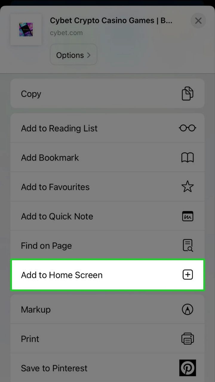 Add the Cybet app to your home screen by selecting it from the menu.