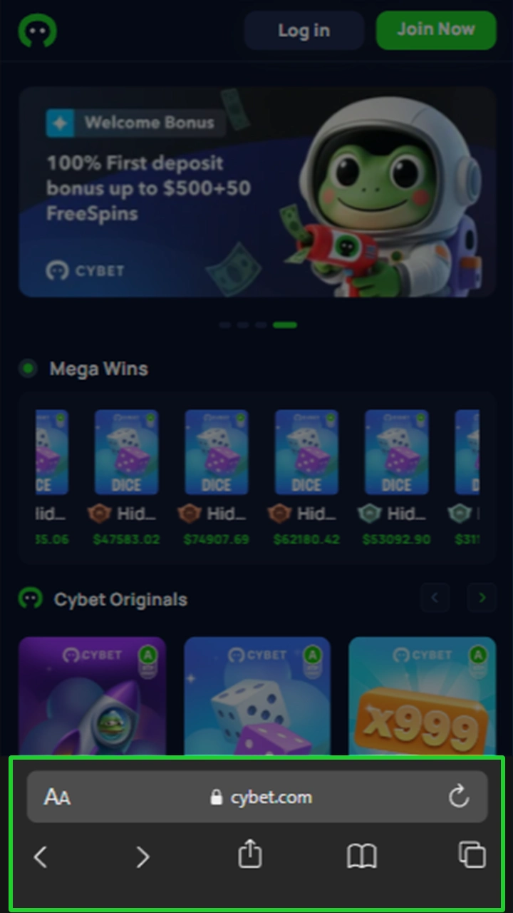 Open the Safari browser on your smartphone and go to Cybet.