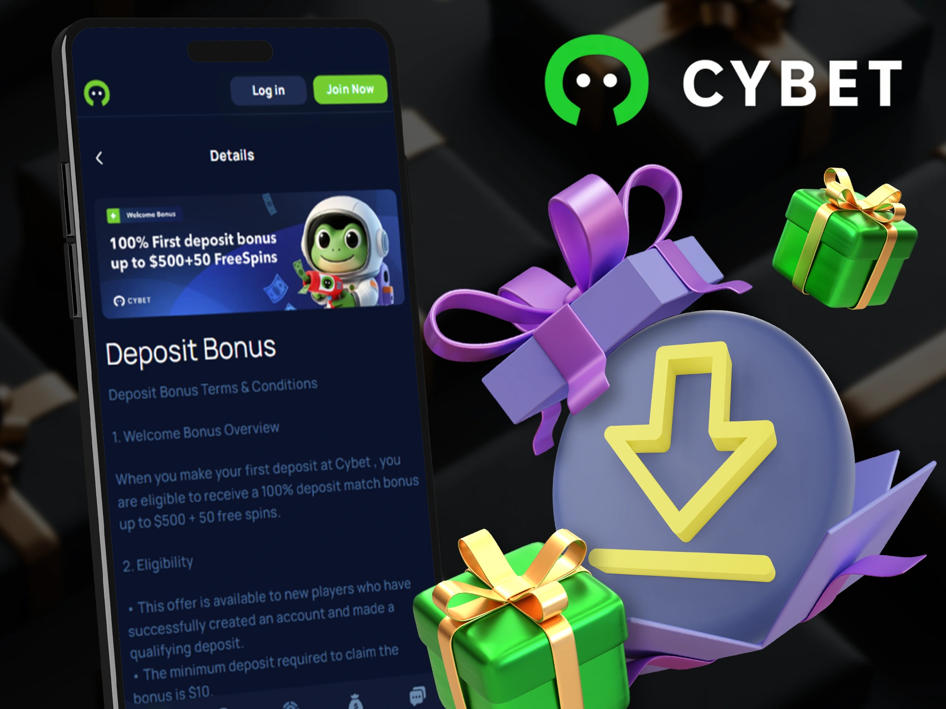 Install the Cybet application on your smartphone and receive bonuses.