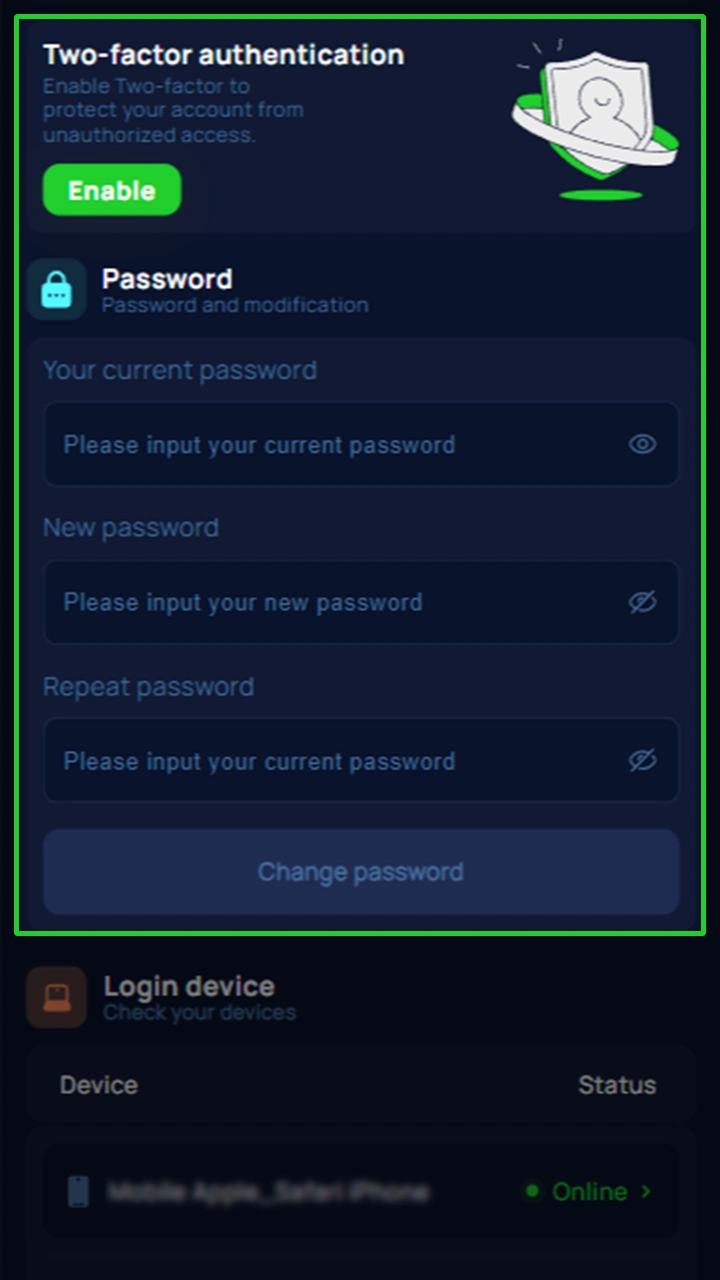 Protect your account using the methods available at Cybet.