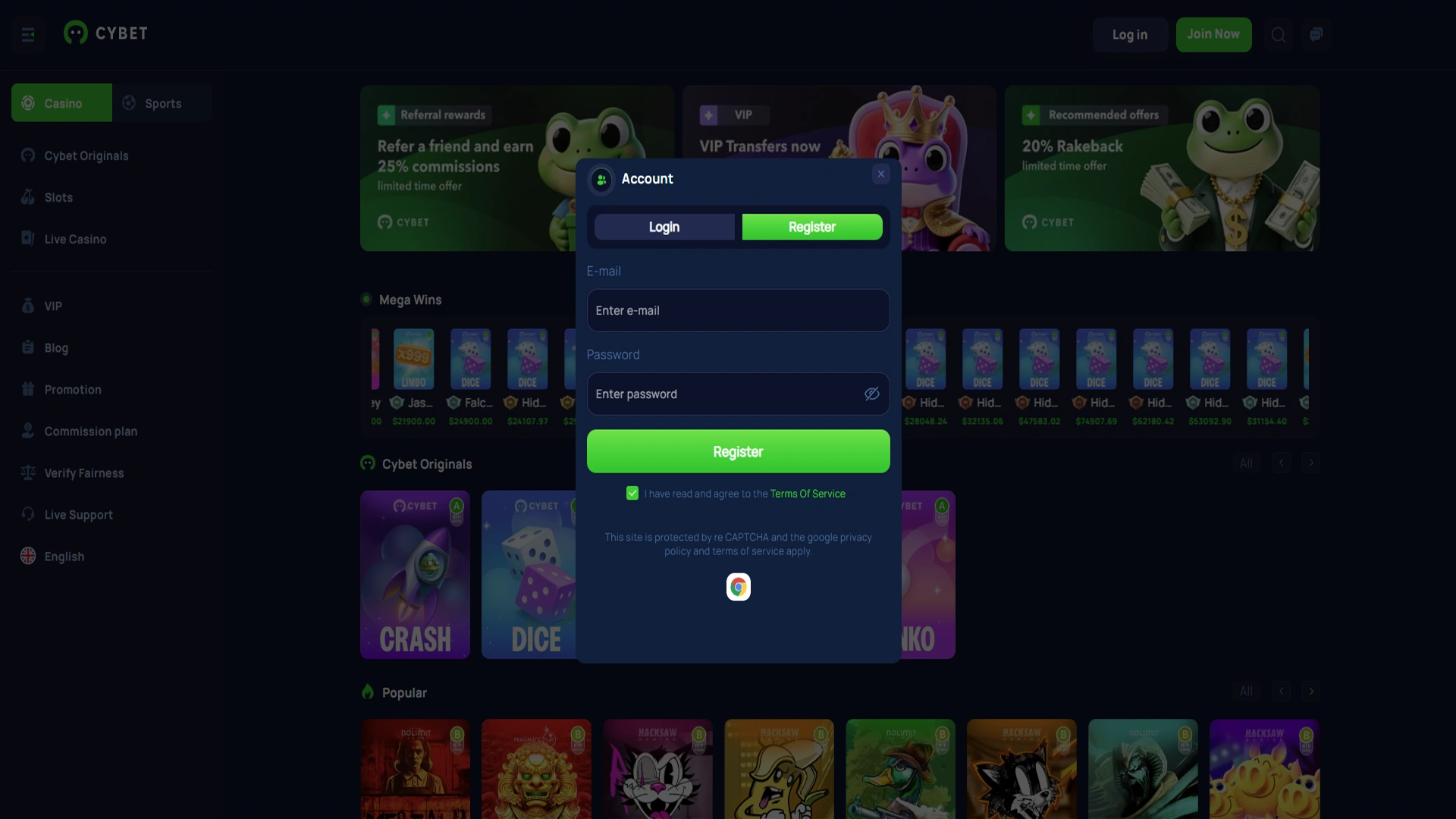 Complete all the registration steps to start playing at Cybet.