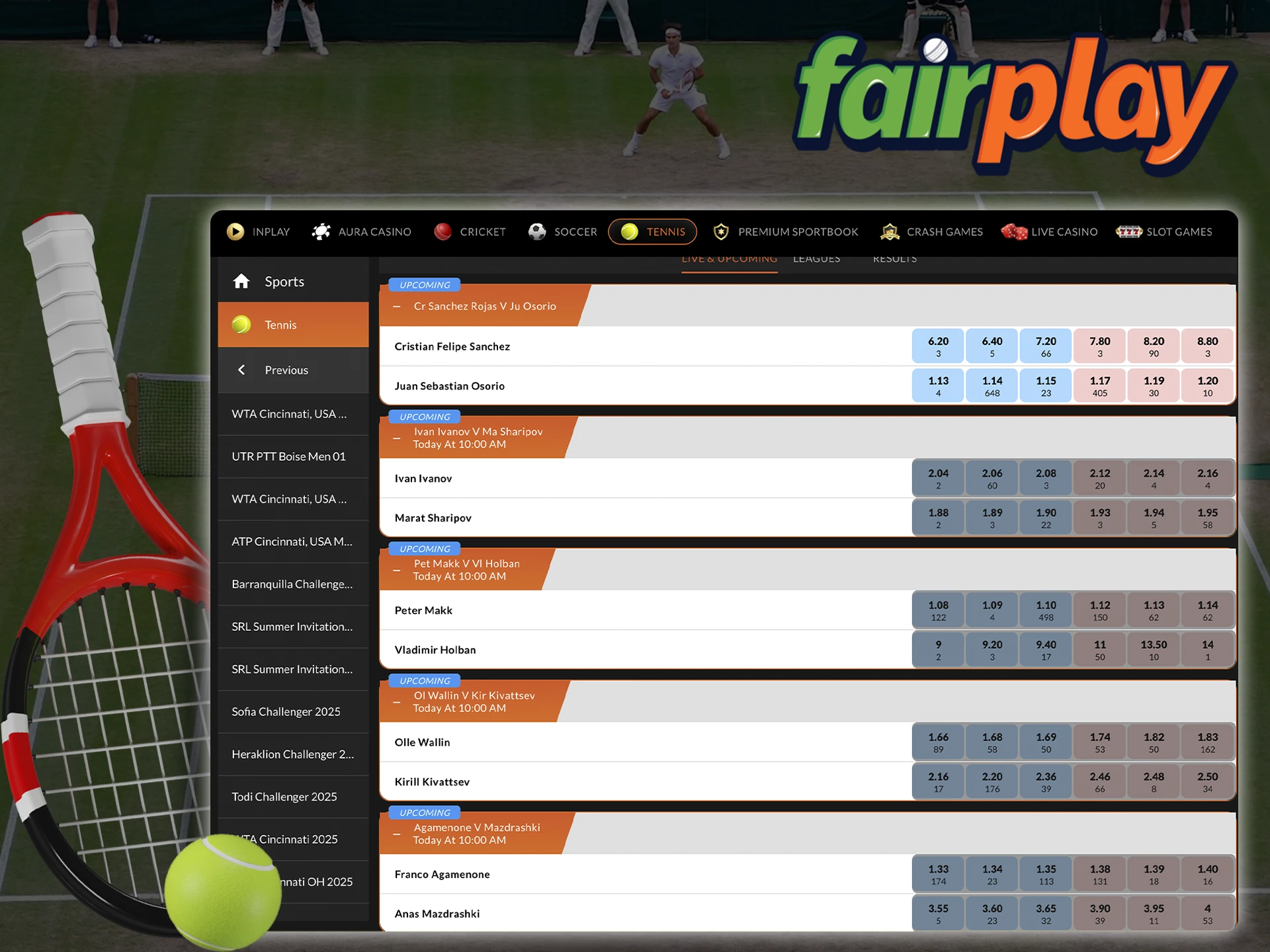 Bet on the score or the favorite's victory in tennis with Fairplay.