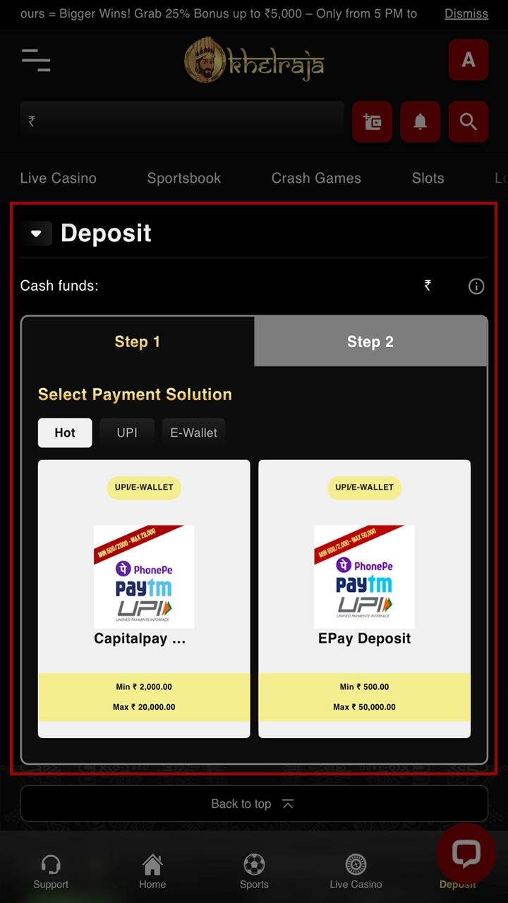 Choose a method to top up your Khelraja account.
