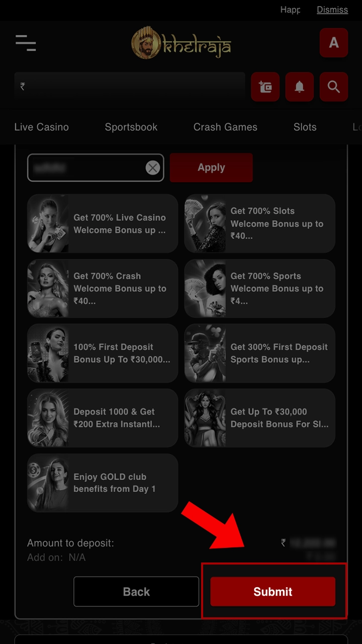 Confirm and complete the Khelraja account replenishment.