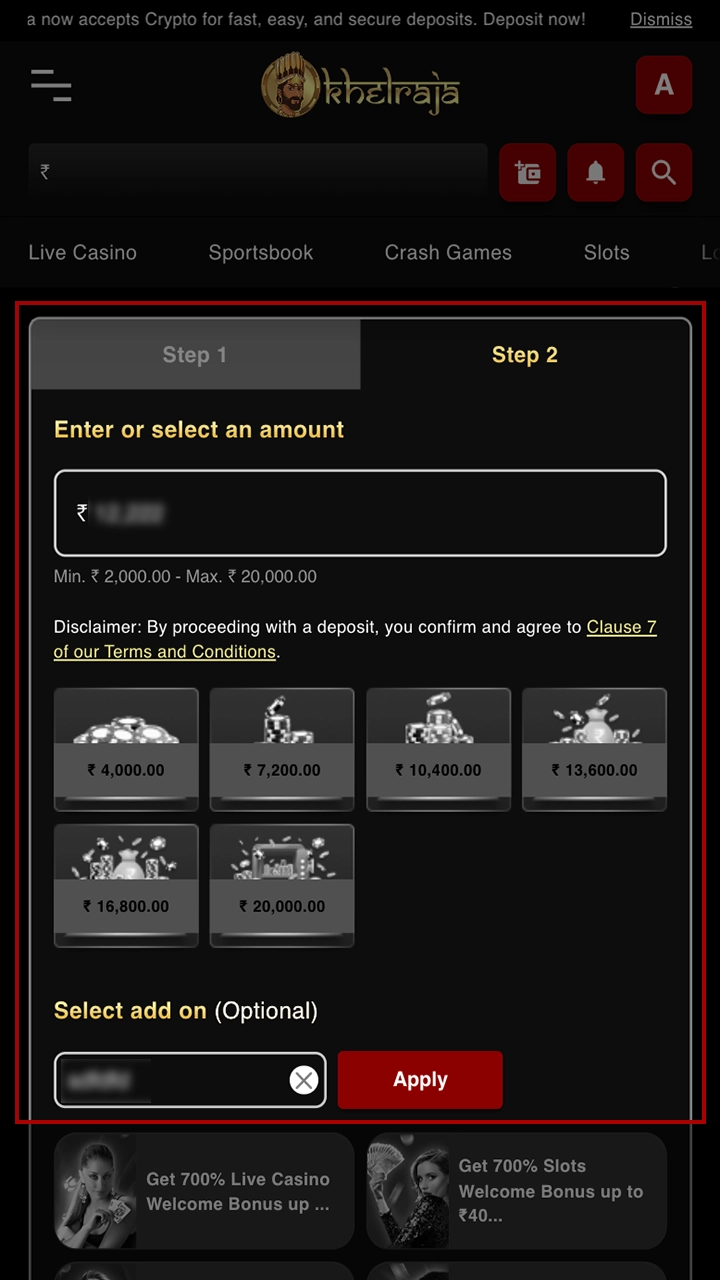 Fill in the required fields to top up your Khelraja account.