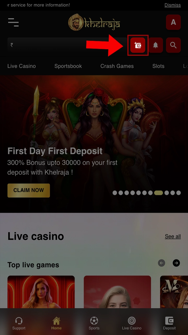 Proceed to the deposit by clicking on the icon on the Khelraja website.