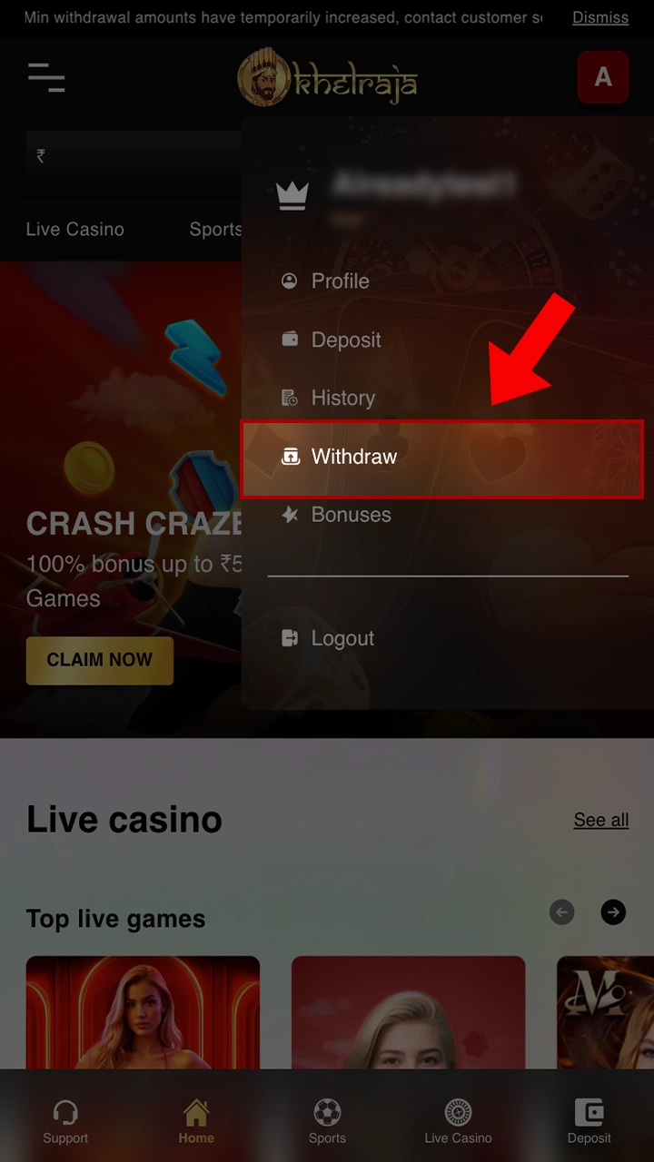 Proceed to withdrawal after logging into your Khelraja account.