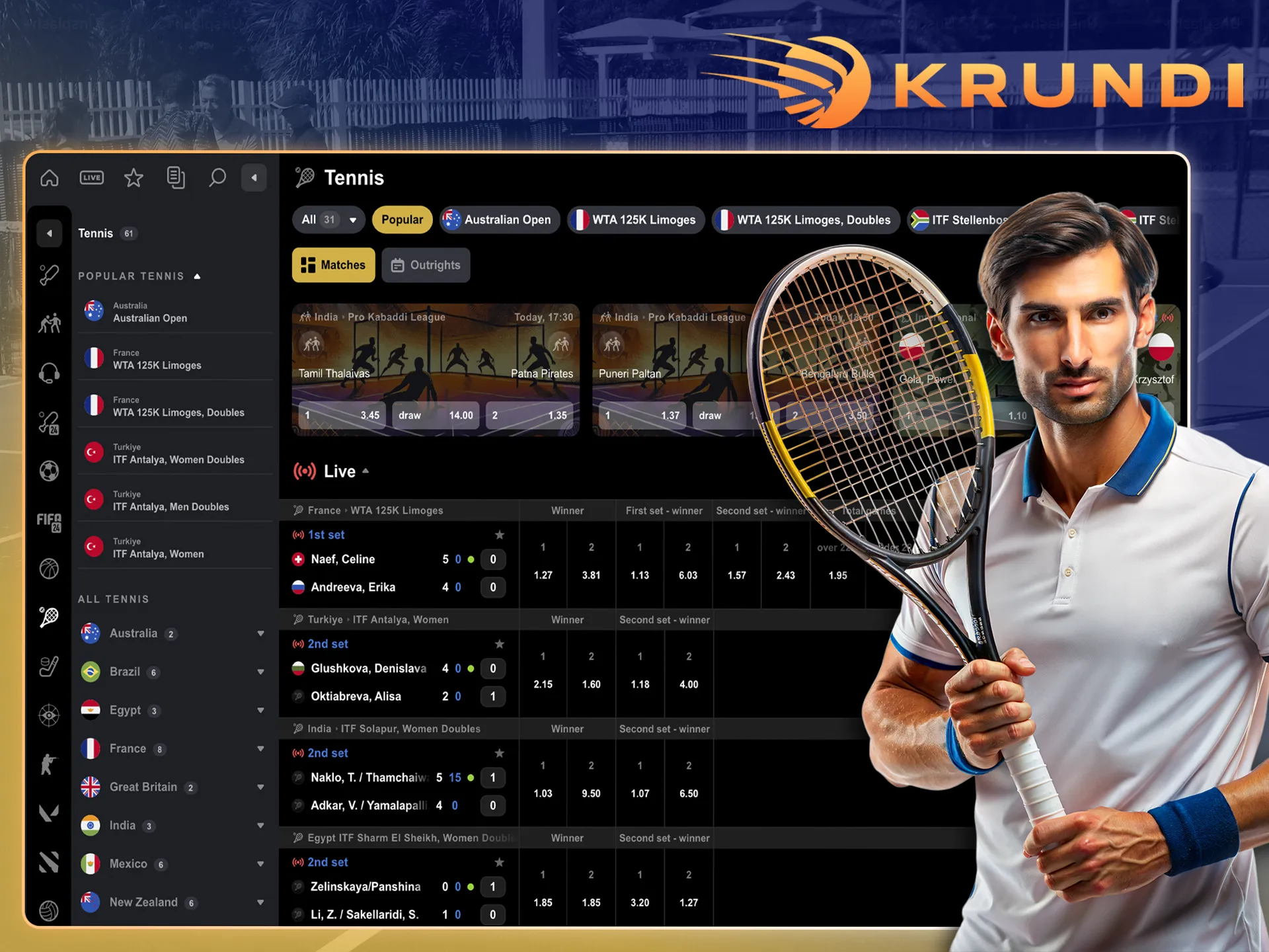 Pick your favourite and bet on tennis with Krundi.