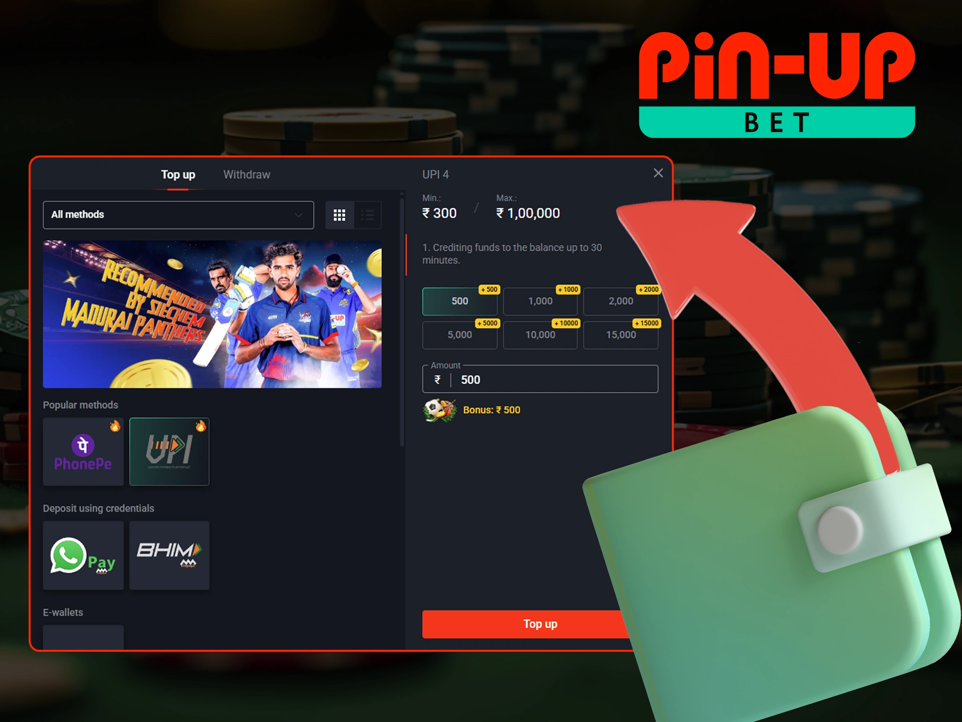 Use popular payment methods to deposit at Pin Up.