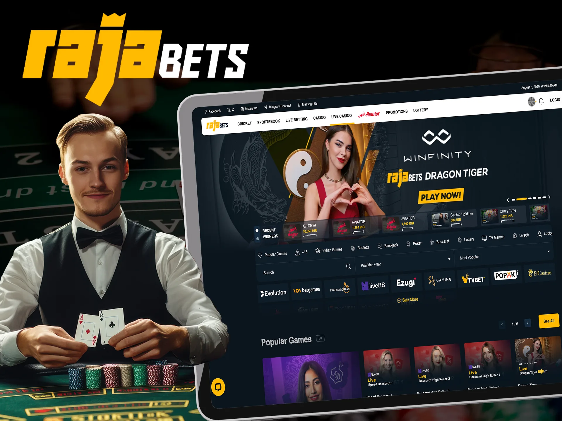 Play your favorite casino games with live dealers at Rajabets.