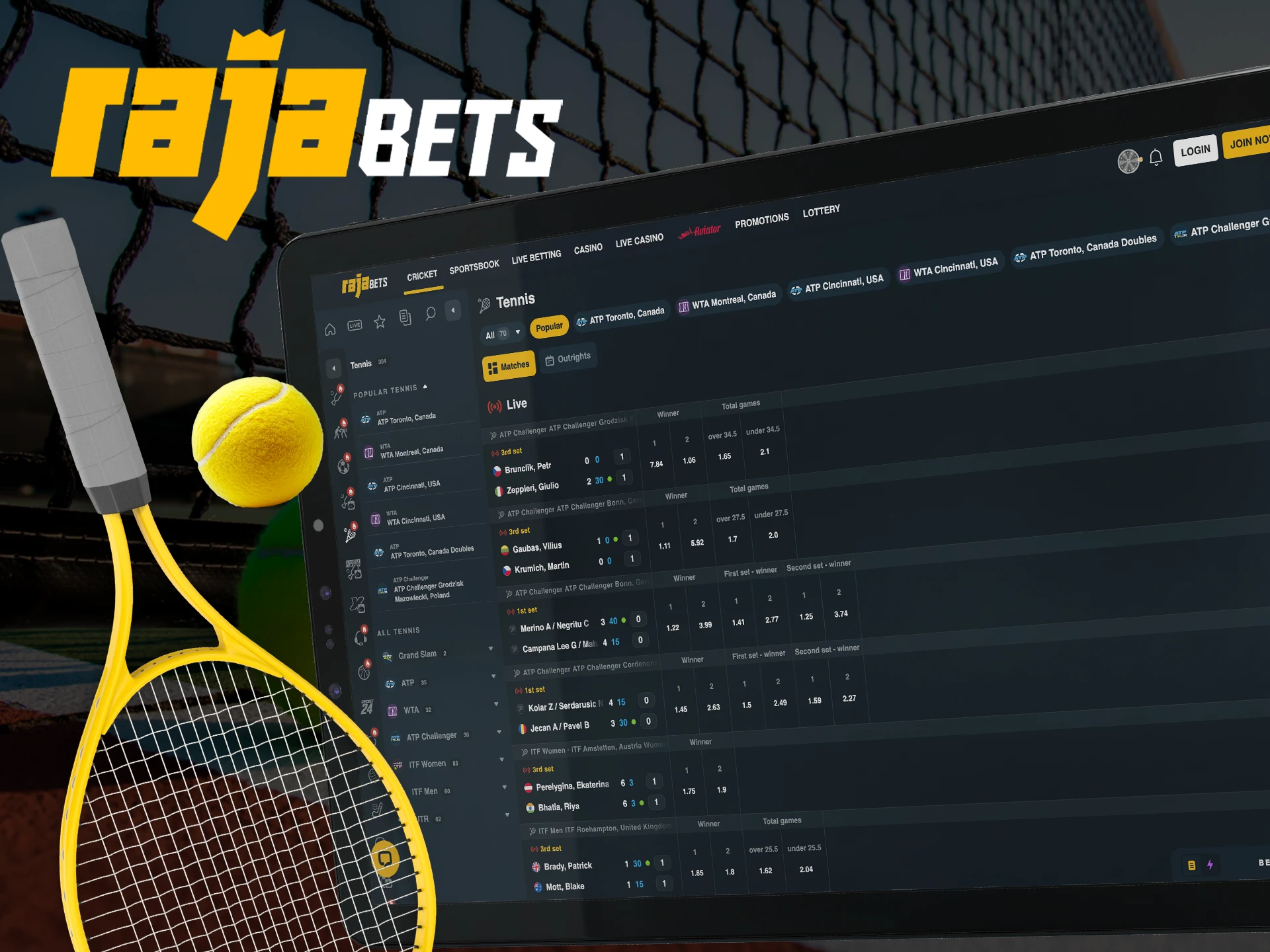 Bet on a tennis player's score or victory and win at Rajabets.